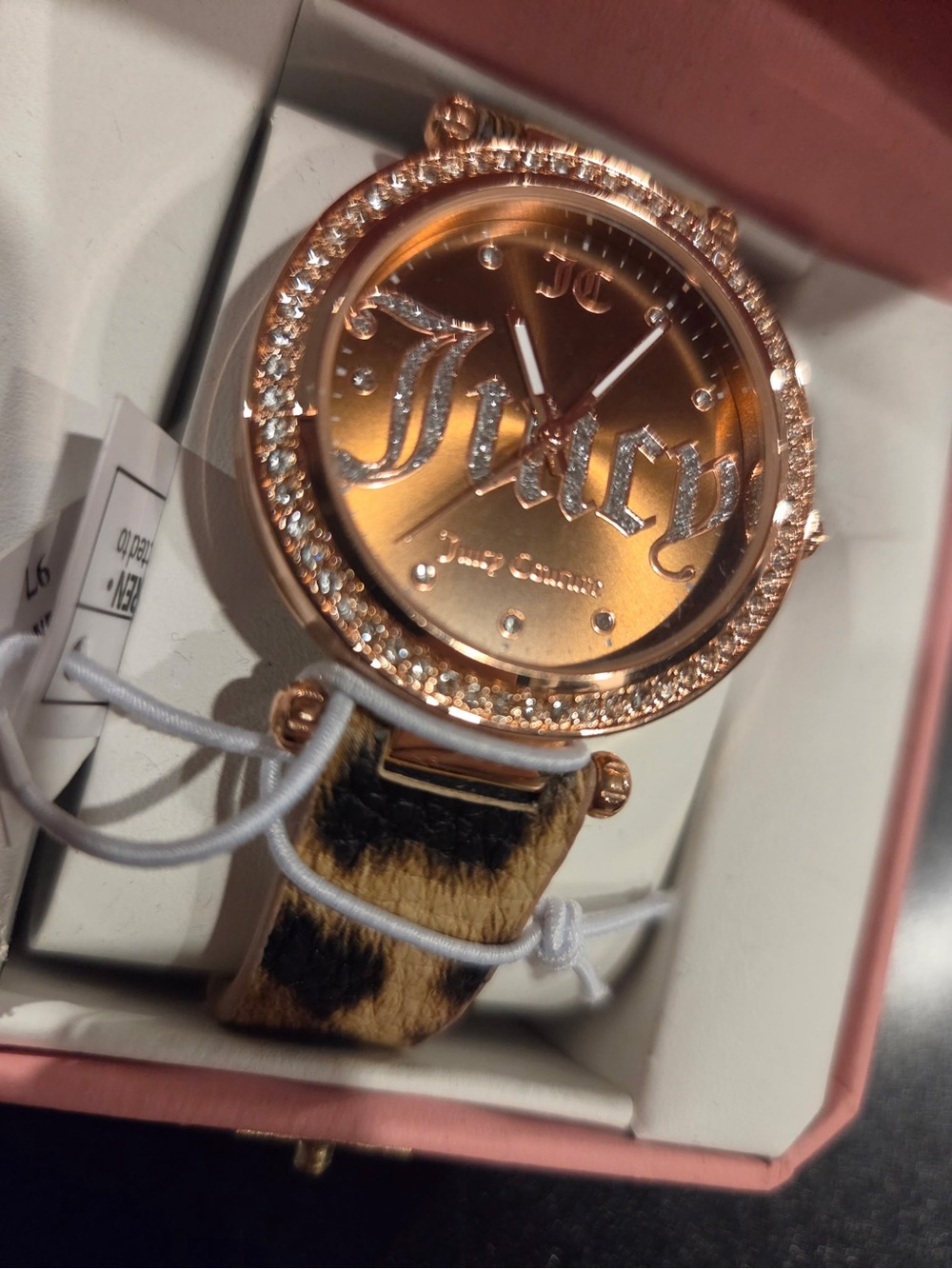 Juicy Couture Rose Gold Dial Crystal Bezel Watch with Leopard Strap